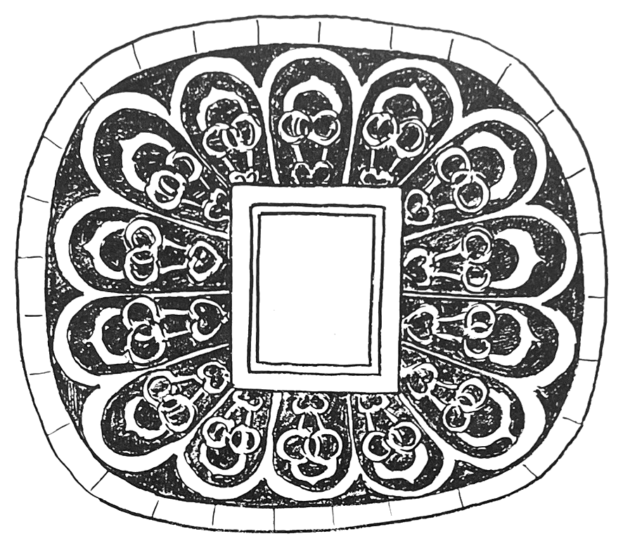Line drawing of the pavement plaque at Largo do Chiado, Lisbon, its repeating mosaic forms radiating from a central rectangle.