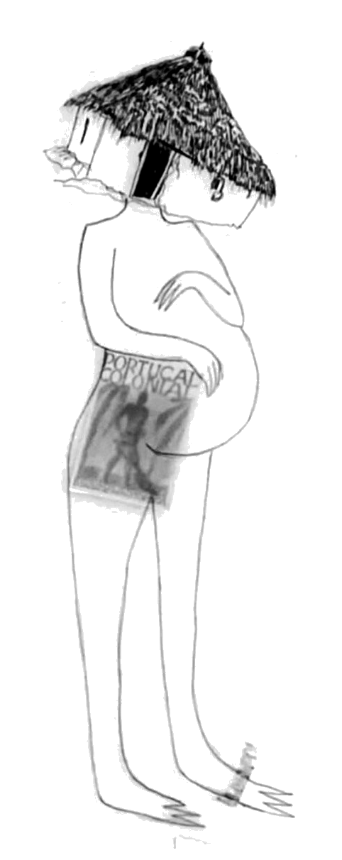 Pencil drawing of a standing figure whose head is a thatched hut, holding a book titled Portugal Colonial.