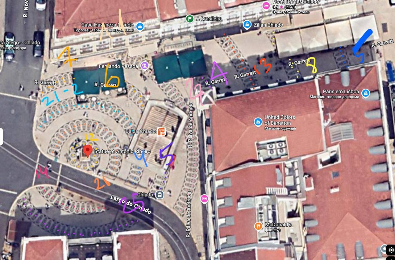 Aerial view of Chiado Square annotated by hand in colour, counting the phallic forms section by section across the pavement.